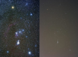Left: Photo of sky in a rural area with minimal lighting. Right: Photo of sky in an urban environment with the telltale “glow” from light pollution.